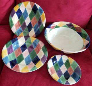 Tabletops Unlimited,  Carnival,  Harlequin Pattern,  1 Serving Bowl,  3 Plates