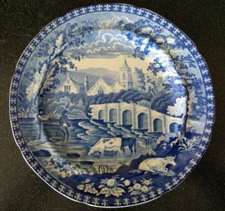 Antique Staffordshire Pearlware Blue Transferware Plate Fishermen Cows Village