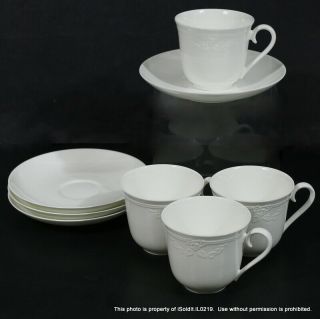 8 - Pc Cups & Saucers Villeroy & Boch Fiori Weiss Mettlach White Bone China