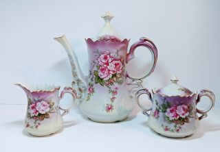Estate Vintage Lefton China Heritage Tea Set Pink Rose Coffee Pot Creamer Sugar