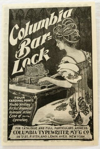 Antique1897 Columbia Bar - Lock Typewriter Vtg Art Nouveau Print Ad Victorian Lady