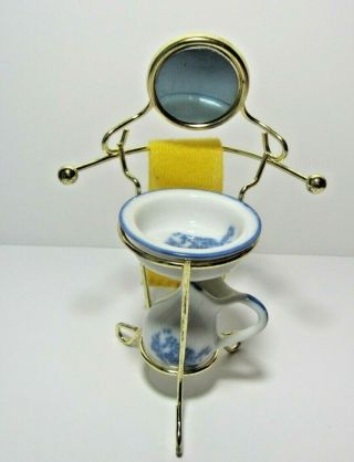 Vintage Brass Doll House Furniture Wash Stand with Pitcher Basin Towel 2