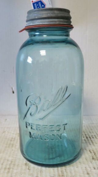 Antique 1/2 Gallon Aqua Blue Ball Perfect Mason Jar W/ball Zinc Lid 1910 - 23 8
