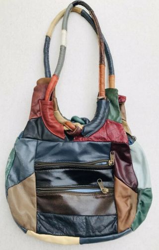 Color Block Patchwork Leather Purse Shoulder Bag Vintage Outside Zip Pockets