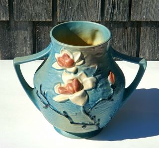 Vintage Roseville Magnolia Blue Double Handle Vase 91 - 8 Art Pottery