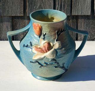 Vintage Roseville Magnolia Blue Double Handle Vase 91 - 8 Art Pottery 2
