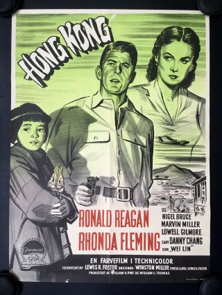 Hong Kong Danish Vintage Movie Poster 1952 Ronald Reagan With Gun