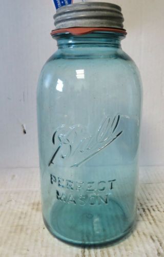 Antique 1/2 Gallon Aqua Blue Ball Perfect Mason Jar W/ball Zinc Lid 1910 - 23 6