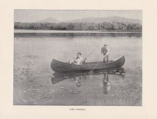 2 Antique Pike Fishing; Canoeing & Hunting Prints By Henry Watson 1904