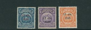Bolivia 1928 Coat Of Arms With Overprint Of Value (sc 182 184 186) Vf Mlh