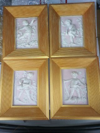 Bisque Porcelain Cherub Wall Plaques Vintage,  Set Of 4 Pink Gold Frame