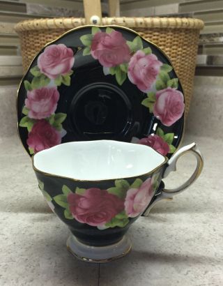 Royal Albert Cup/saucer Black With Pink Cabbage Roses - - Very Rare
