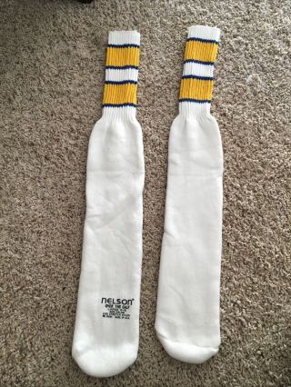 Vintage Striped Tube Socks Nelson Over Calf Large 9 - 15 White Yellow Blue Nos