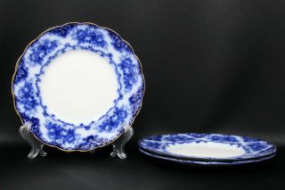 3 Antique Ridgways Flow Blue Rose Pattern 7 " W Dessert Plates Gold Trim