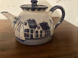 Blue & White Spongeware Shard Pottery Maine “coastal Village/sailboat”tea Pot