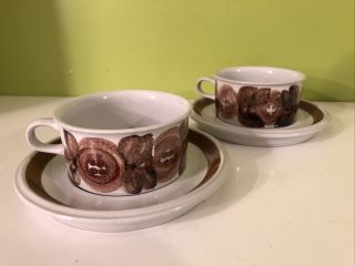 Set Of 2 Vintage Arabia Finland Rosmarin Brown Cups And Saucers,  3 7/8”