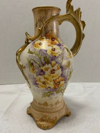 Royal Bonn Pansy Vase Franz Anton Mehlem Antique 10 " Handled Hand Pntd & Gilt
