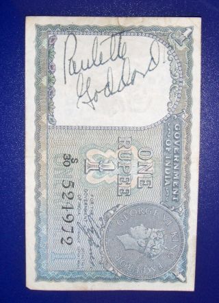 Actress Paulette Goddard Signed Ww2 Uso Tour Short Snorter 1940 India Currency