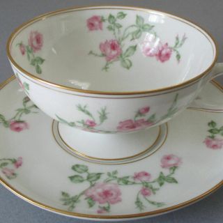 Antique Haviland Porcelain Footed Cup & Saucer Tendrils Of Pink Roses Gilt Trim