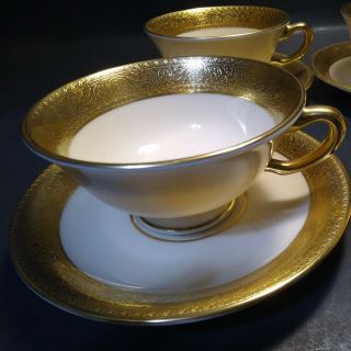 Set (4) Lenox China Westchester Footed Cups & Saucers 24k Gold Rim