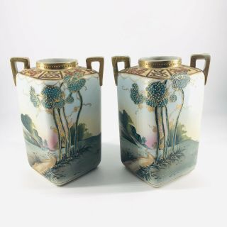 Pair Antique Imperial Nippon Porcelain Square Handled Vase Hand Painted Trees 8 "