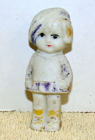 Vintage Bisque Frozen Charlotte Penny Doll 3” Girl With Tam Hat