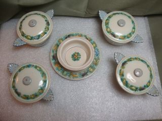 4 Vintage Cantagalli Firenze Covered Soup Bowl Rooster Mark Wreath Pattern