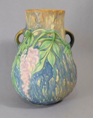 Vintage 1930s Roseville Pottery Wisteria Blue Two Handled Vase