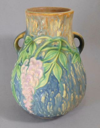 Vintage 1930s Roseville Pottery Wisteria Blue Two Handled Vase 2