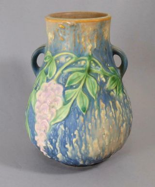 Vintage 1930s Roseville Pottery Wisteria Blue Two Handled Vase 3
