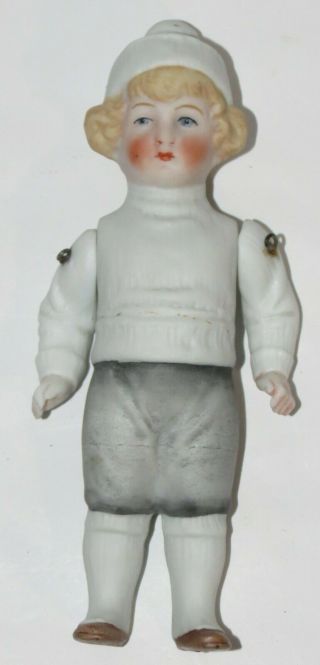 Antique German All Bisque Boy Doll Molded Winter Sweater & Ski Cap Outfit - Nr