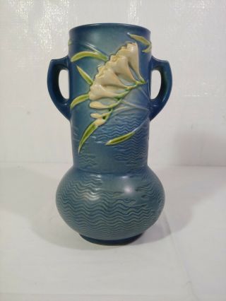 Vtg Roseville Freesia 10 " Art Pottery Vase 126 - 10 Blue Double Handles