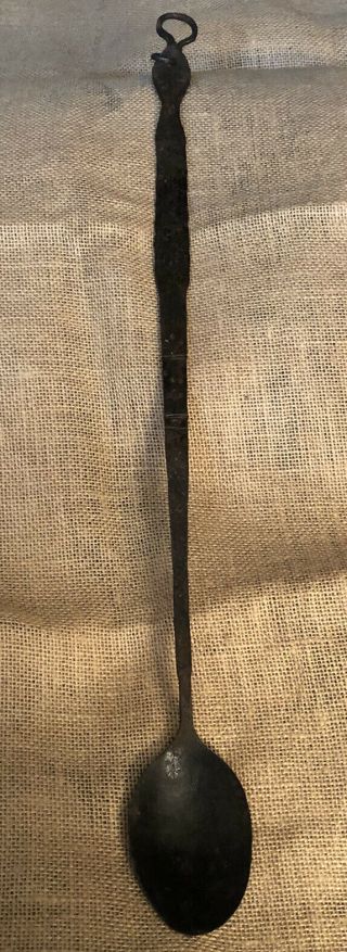 Antique Fireplace Ladle Spoon Hand Forged Iron C.  19th Century 22”long
