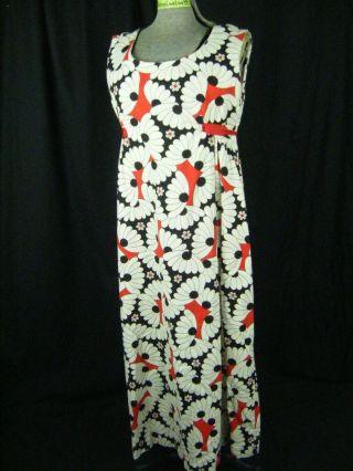 Vtg 60s Handmade Black White Red Floral Mod Dress - Bust 40/s - M