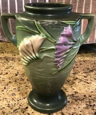 Vintage Roseville Pottery Freesia Green Double Handle Vase 121 - 8