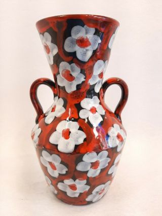 Vintage Mcm Italian Studio Art Pottery Handled Vase Red W/ White Flowers Italy
