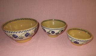 Nicholas Mosse Pottery Ireland Spongeware Set Of 3 Graduated Blue Flower Bowls