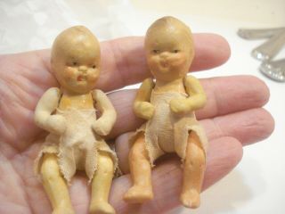 2 - Vintage Bisque Porcelain Baby Doll 2 1/2 " Dollhouse Japan Jointed Arms & Legs