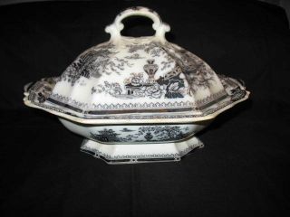 Antique Ironstone Mulberry Flow Black Jeddo W Adams & Sons Covered Bowl 1800 