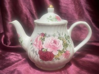 Vintage Arthur Wood & Son Staffordshire England Pink Roses Teapot 6304 Full Size