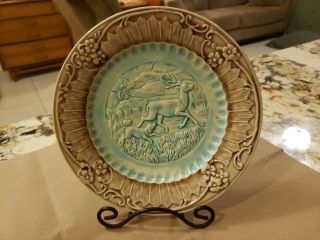 Antique Vintage Majolica Pottery Deer And Dog Plate 8 " Teal Turquoise Brown