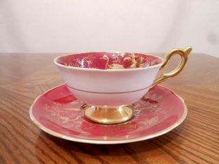 Antique Coalport Bone China Cairo Gold On Maroon Footed Cup & Saucer