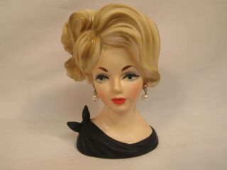 Vintage Napco Lady Head Vase C7313 Blue Eyes Blonde Hair Pearl Earrings