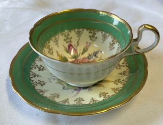 Vintage Aynsley England Tea Cup Saucer Cabbage Rose Green And Gold