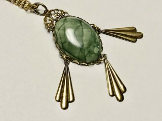 Antique Jade Green Necklace W/ Brass Chain & Setting