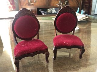 Vintage Dolls House Furniture.  Pair Parlour Chairs Red Velvet