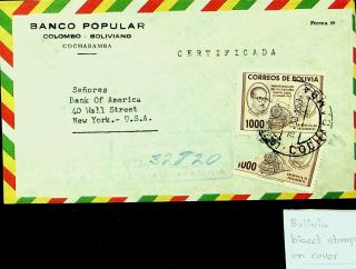 Bolivia Railway Bisect Stamp On Regd A/m Bank Cochabamba Cover To Ny Usa