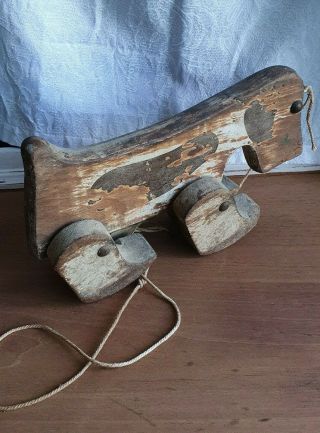 Vintage / Antique Early Wooden Pull Along Walking Child’s Sausage Dog Toy