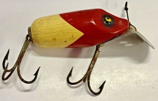 Vintage 2.  5 " Red & White Wood Fishing Lure Antique Tackle Fish Bait Silver Old