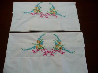 Vintage Pair Pillowcases Hand Embroidered Blue & Yellow Flowers,  Pink Bow